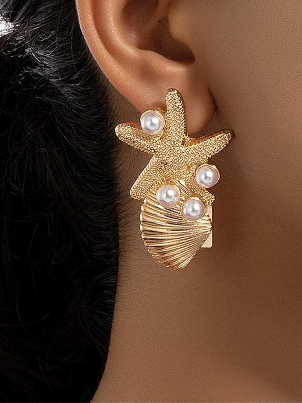 Anthropologie Gold Starfish & Pearl Shell Drop Earrings